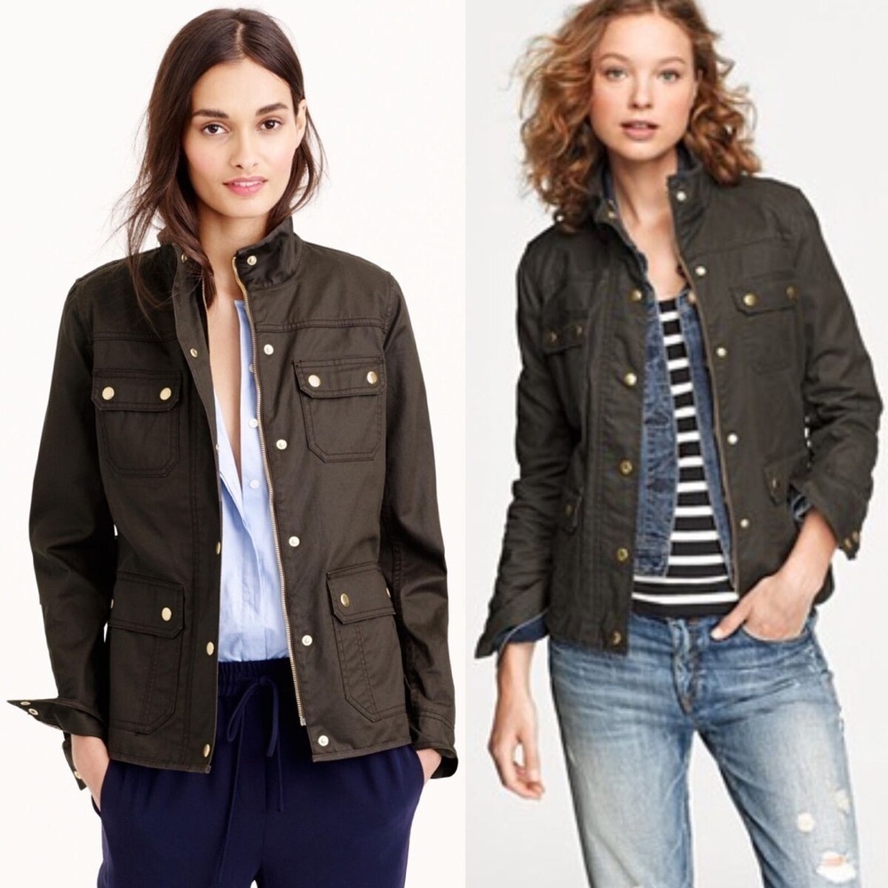 J Crew Women’s XXS Downtown Army Green Field Zip Snap Button Cargo Jacket